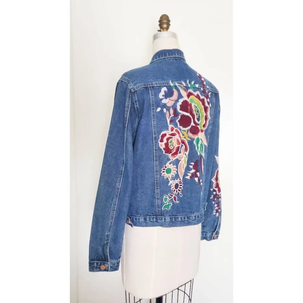 Glamorous Womens Denim Jean Jacket with Floral Embroidery 14